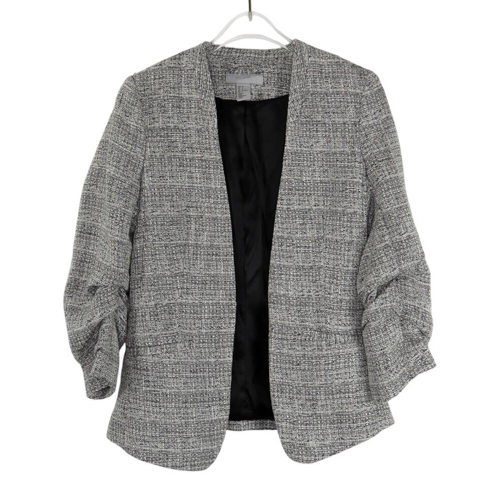 H&M Black White Tweed Open Front Blazer Jacket Size 2 Extra Small Formal